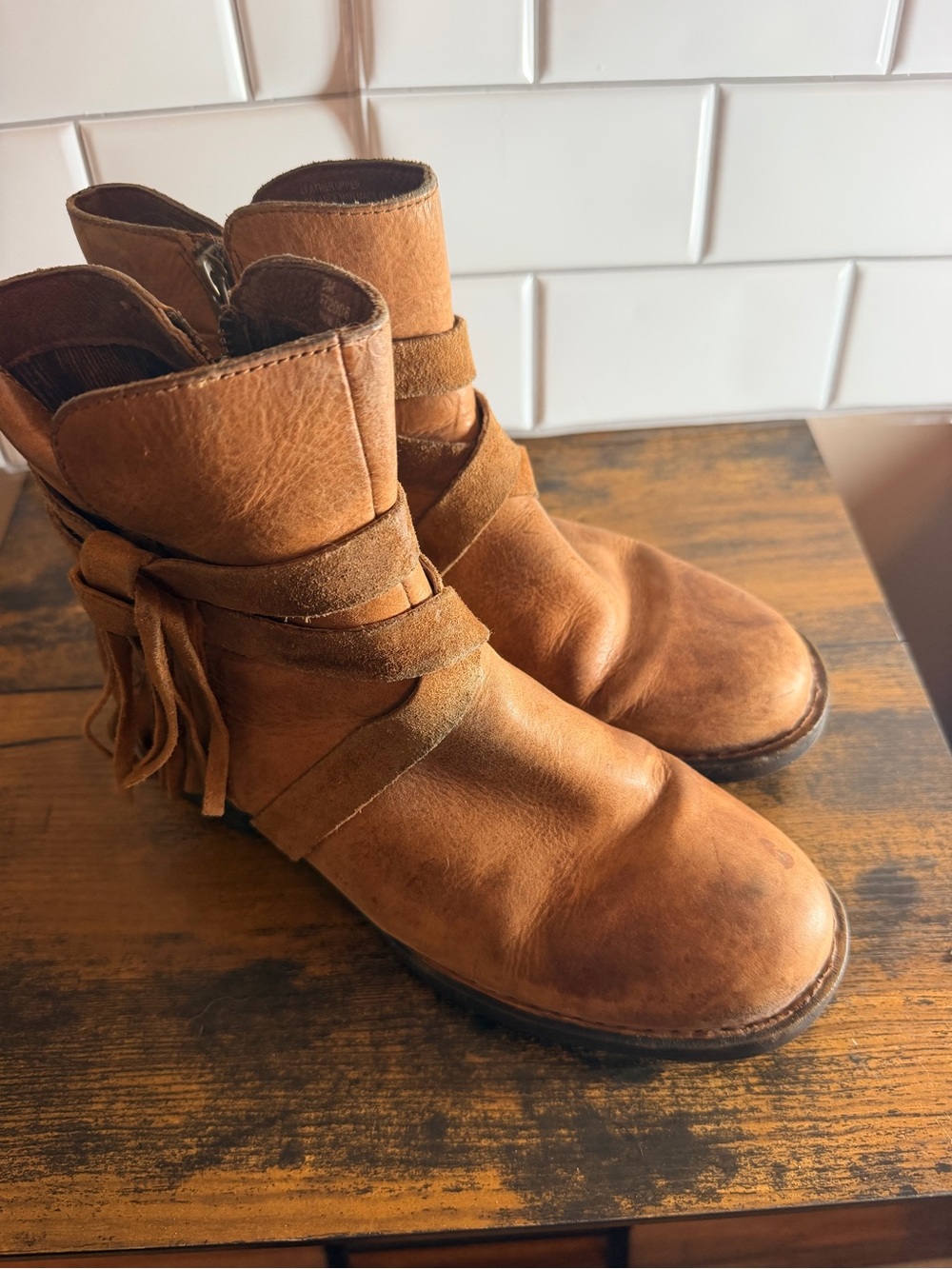 Born Tan Leather Ankle Boots with Wrap Suede Straps - Picture 5 of 6